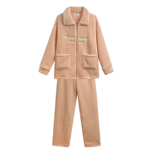 文森熊猫雪花绒秋冬家居服睡衣女士可外穿加绒加厚法兰绒套装