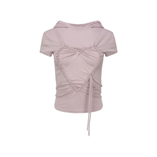 NACHE韩国小众设计师品牌爱心编织抽绳连帽短袖T恤女修身短款上衣