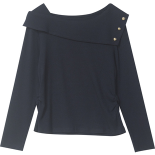 2026春季新款一字肩长袖T恤女不规则设计百搭减龄显瘦上衣潮5960