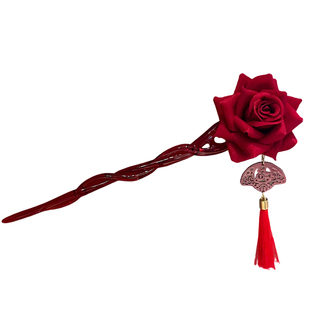 红玫瑰发簪新年红色花朵流苏簪子女高级感盘发发饰新娘敬酒服头饰