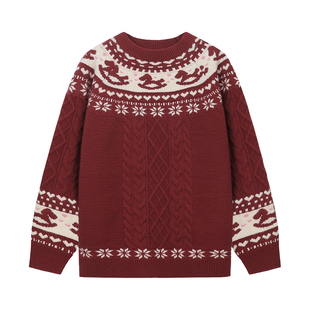 BIPOLAR【新年圣诞款】小马费尔岛绞花圆领毛衣宽松百搭情侣上衣