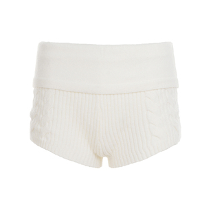 H家欧美女装 ins高级感翻边腰头麻花针织短裤女秋冬纯色毛织热裤