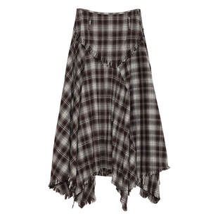 Carolingian高阶时髦！舒适Viscose磨毛重工不规则毛边格纹半身裙