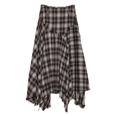 Carolingian高阶时髦！舒适Viscose磨毛重工不规则毛边格纹半身裙