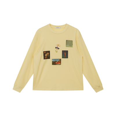 FUNKYFUN 植物花卉拼贴图印花宽松长袖T恤