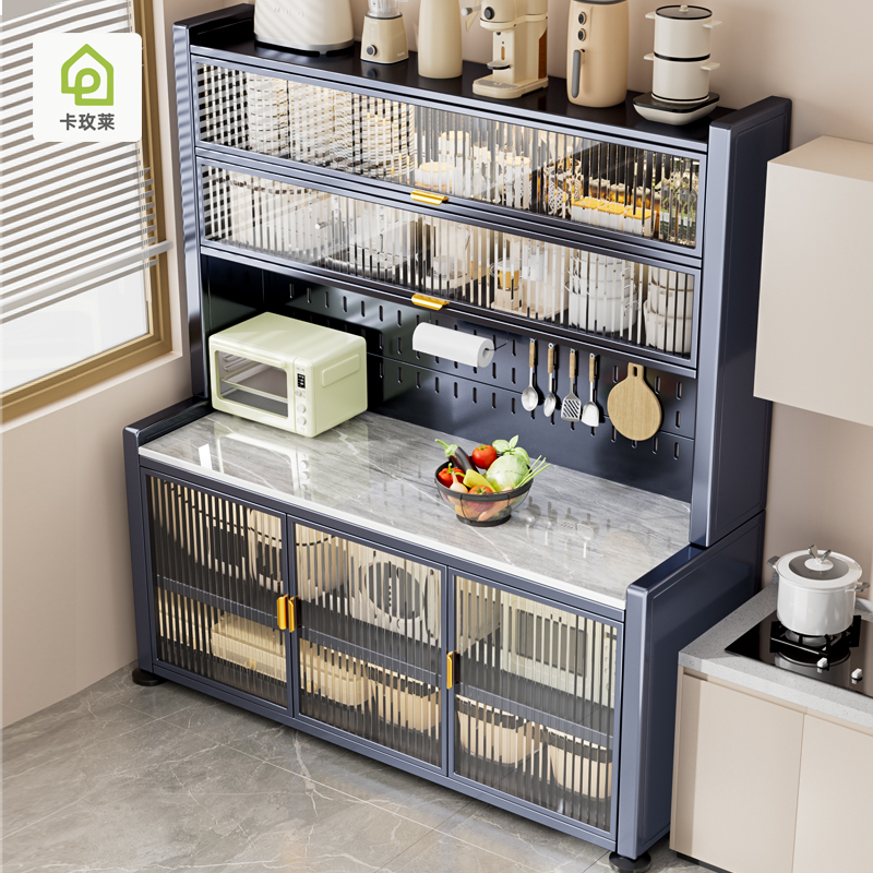 岩板餐边柜钢制厨房置物架多层靠墙一体多功能微波炉调味料收纳柜