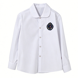 中小学生学院风校服衬衫女校园百搭白色长袖圆领花边女款单件衬衫