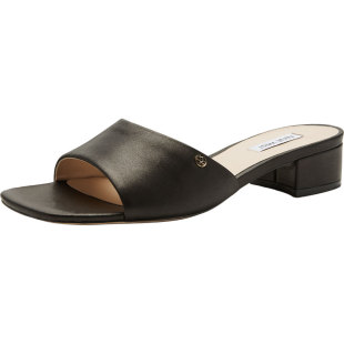 Nine West/玖熙休闲一字带凉鞋女低跟方头露趾黑色简约舒适凉拖鞋