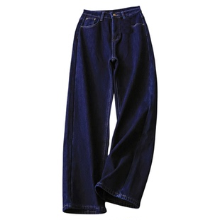 单宁蓝加绒加厚高腰显瘦宽松直筒裤窄版阔腿裤显腿长女牛仔裤Q090