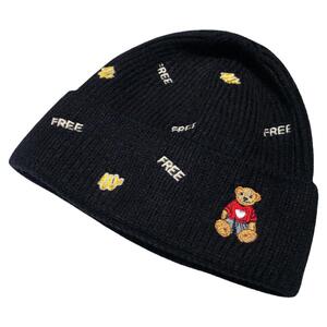 韩版潮白色针织帽子女冬季百搭小熊刺绣可爱毛线帽潮流保暖冷帽女