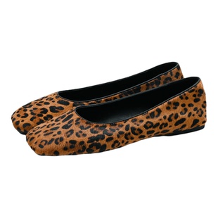 日本Angelcocoa小豹纹马毛方头平底单鞋真皮舒适浅口百搭女鞋