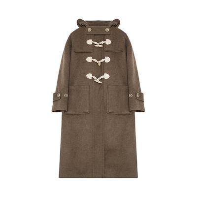 范洛连帽牛角扣学院风毛呢大衣