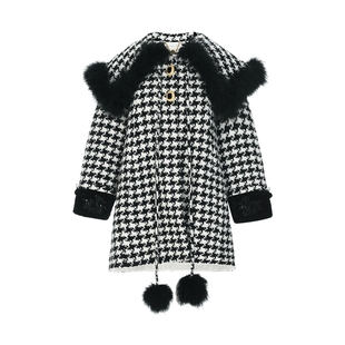 lefame拉飞姆冬季千鸟格云肩中长外套大翻领呢大衣女