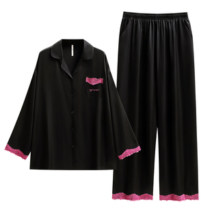 悦内睡衣女款夏季薄款长袖冰丝家居服春秋款丝绸轻奢风高级感黑色