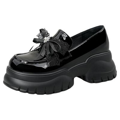 索菲娅英伦风蝴蝶结乐福鞋2026年春季新款圆头厚底增高黑色小皮鞋