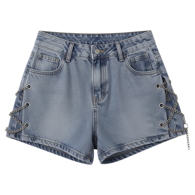 大码侧面链条开叉牛仔短裤