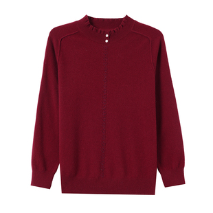 秋冬新款纯山羊绒衫毛衣女半高领木耳边螺纹加厚保暖妈妈装打底衫