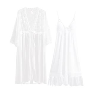 芬腾睡衣女春秋季带胸垫吊带睡裙女士蕾丝性感大码家居睡袍两件套