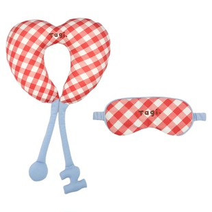 Tagi.怦怦爱心格纹可爱旅行轻便午休绑带颈枕眼罩套装