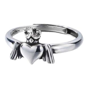 S925纯银韩版爱心翅膀戒指小香风指环女时尚百搭银饰品气质做旧款