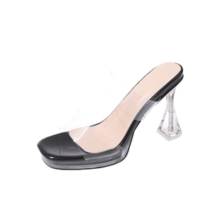 恨天高T台走秀凉鞋 粗跟高跟鞋13CM夜店透明水晶钢管舞鱼嘴拖鞋女