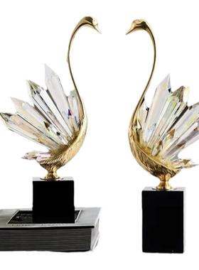 水晶天鹅摆件客厅摆件纯铜北欧
