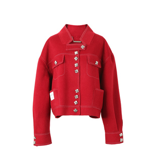 【明星同款】Magyann设计师原创2025秋安哥拉红小立领口袋短大衣