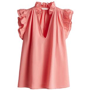 HM女装衬衫春季半开襟飞袖V领褶边衬衫甜美时尚休闲上衣1280449