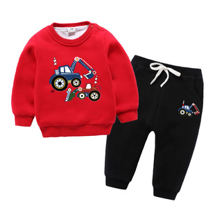 冬季童装男童女童卫衣套装新款儿童双层加绒加厚两件套勾机挖掘机