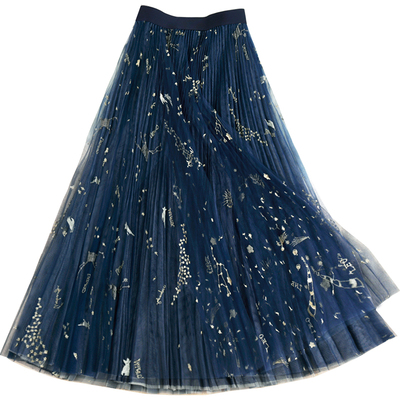刺绣花蓝色网纱百褶半身长裙