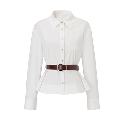 白色复古通勤A字下摆系腰带衬衫