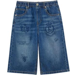 eland kids衣恋童装男童短裤夏季学院风徽章印花复古牛仔裤七分裤