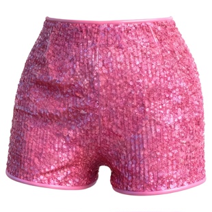 纯色亮片性感短裤 Solid-color sequined mid-waist sexy shorts