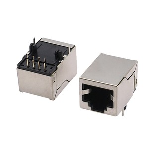 RJ45网络插座59款8P8C带屏蔽无灯21长卧式前脚RJ45网口母座连接器
