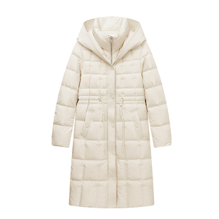 时髦米色羽绒服女连帽设计MOFAN摩凡2025冬新款优雅蓬松保暖外套