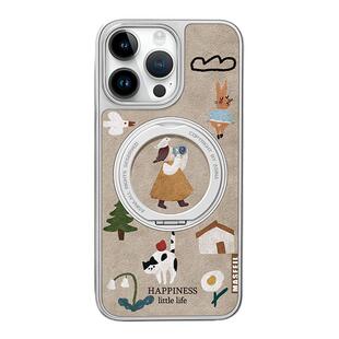 插画浇花适用iPhone17Promax手机壳新款苹果16Pro磁吸带支架保护套支点ip15网红高级文艺女13pm全包仿皮14