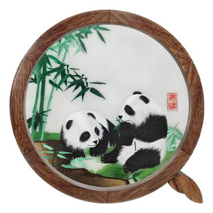 全手工蜀绣双面刺绣熊猫胡桃木Q架金属书签书夹桌面屏风摆件套装