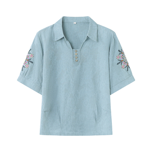 妈妈装夏装棉麻短袖T恤套装中老年人女夏季洋气翻领纯棉小衫上衣