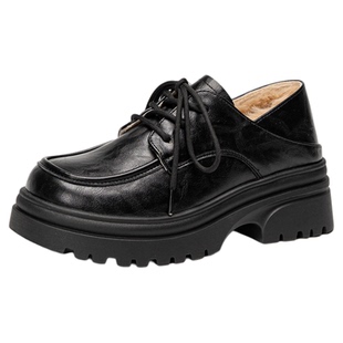 依思q加绒乐福鞋女2025冬季新款保暖毛毛棉鞋厚底黑色英伦小皮鞋