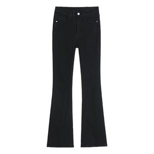 145小个子八分开叉牛仔裤女150cm显高冬季加绒高腰修身微喇叭裤子