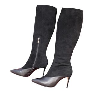 欧美风格2025秋冬新品牛皮羊反绒拼接尖头细跟高跟高筒靴显瘦女靴