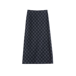 复古毛呢格子半身裙女秋冬加厚高腰开叉A字直筒裙中长款羊绒裙子