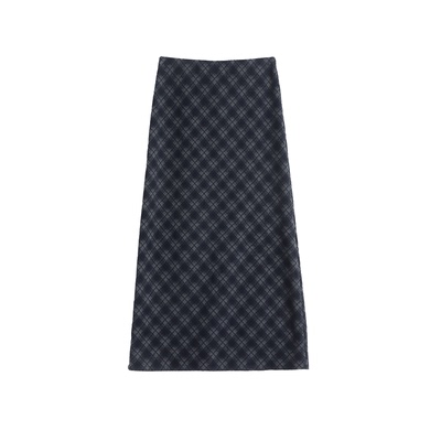 秋冬加厚高腰开叉毛呢格子半身裙