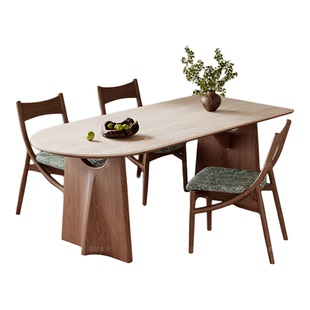 德利丰岩板洞石法式餐桌家用小户型复古中古半圆长方形餐桌子客厅