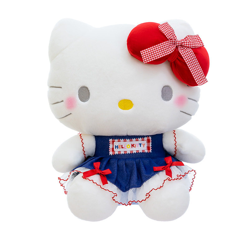 凯蒂猫牛仔格子蝴蝶结毛绒公仔