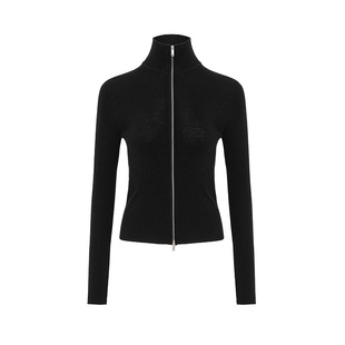 wana try羊毛纸片人修身黑色开衫2025冬季新款显瘦简约女款上衣