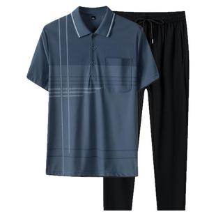 中老年冰丝运动爸爸夏装套装短袖T恤男士夏季休闲长裤两件套口袋