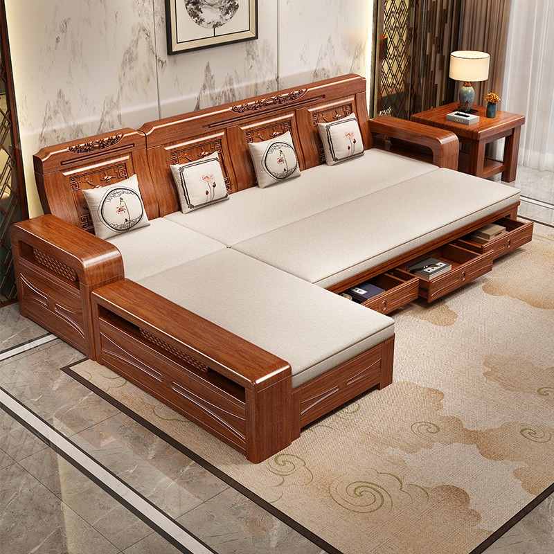 金丝胡桃木全实木沙发床两用小户型客厅多功能冬夏两用折叠可变床