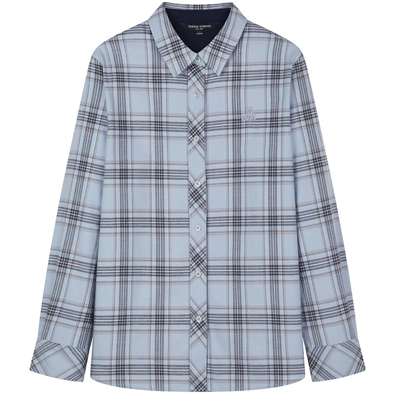 TeenieWeenie小熊女装衬衫2025冬季新款复古格纹时髦刺绣长袖衬衣