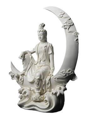 东方泥土水月观音仿古瓷雕塑摆件